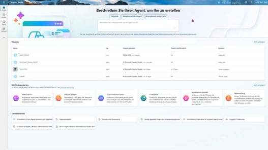 Screenshot der Microsoft Copilot Studio Plattform mit der Startseite