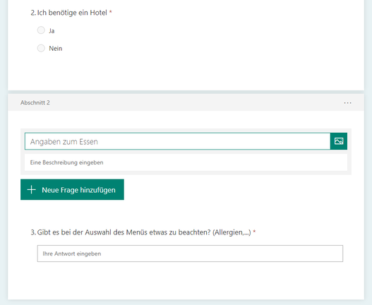 Screenshot der Funktion eine Umfrage in Microsoft Forms in mehrere Abschnitte zustrukturieren