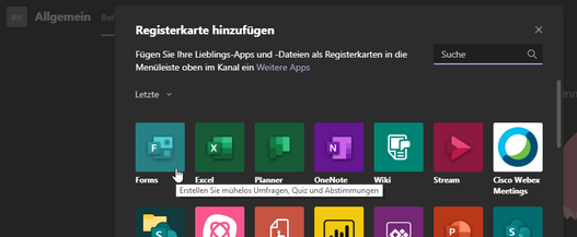 Screenshot  Microsoft Forms als neue Registerkarte hinzufügen in der Teams Tab-Navigation