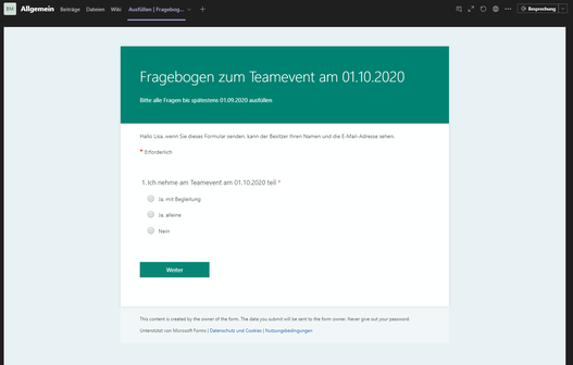 Screenshot einer in Mircosoft Forms erstellen Umfrage in Microsoft Teams