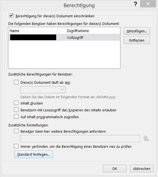 Screenshot Lese- und Änderungsberechtigungen für ein Word-Dokument
