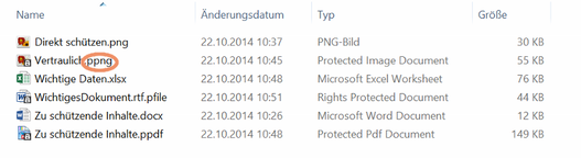 Beispiel Änderung der Endung von PDF-, Bild- und Textdateien nach der Verschlüsselung mit der RMS-Freigabeanwendung