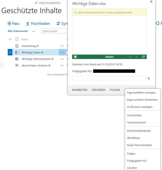 Screenshot Unterdrückte Vorschau von PDF- und Office-Dateien in einer IRM-geschützten SharePoint-Bibliothek