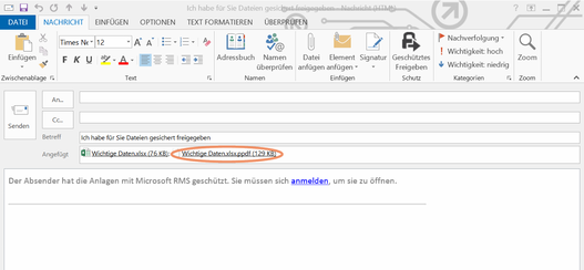 Screenshot Versenden einer mit der RMS-Freigabeanwendung geschützten Datei mit Outlook