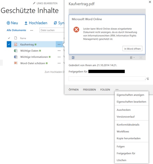 Screenshot Unterdrückte Vorschau PDF-Dateien in einer IRM-geschützten SharePoint-Bibliothek