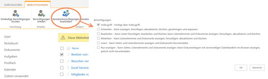 Screenshot Benutzerberechtigungen einer SharePoint-Bibliothek bearbeiten