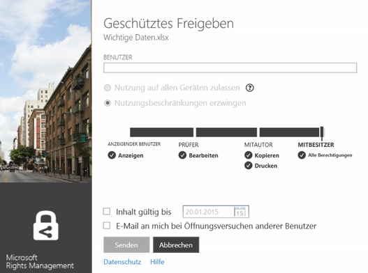 Screenshot individuelle Zugriffsberechtigungen für das geschützte Versenden einer Datei in der RMS-Freigabeanwendung