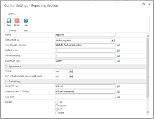 Screenshot Control Settings in Nintex Forms für wiederholter Bereich