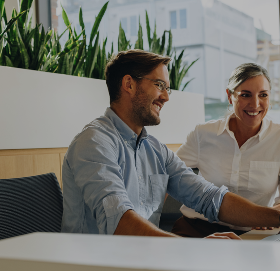 Male professional with manager working on computer