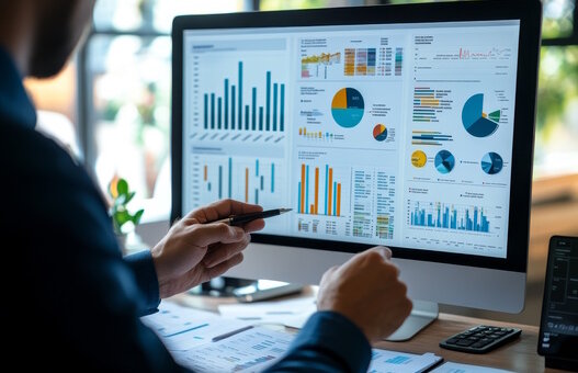 Business finance data analytics male worker analyzing graphs and charts on computer screen