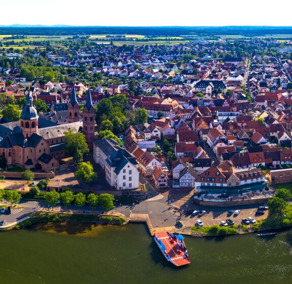 Aerial view of the old town of the city Seligenstadt in Germany on a sunny day in spring.