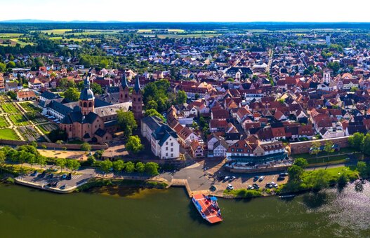 Aerial view of the old town of the city Seligenstadt in Germany on a sunny day in spring.