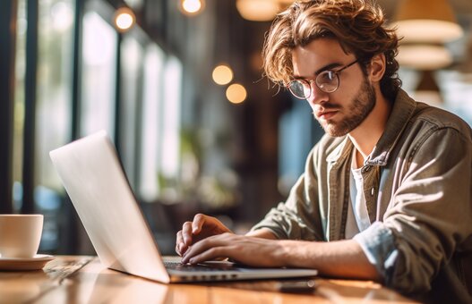 Young man working on laptop, boy freelancer or student with computer in cafe at table looking in camera. Model by AI generative