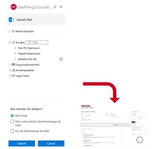 Screenshot der Funktionsweise des nC Legal Matter Hub: Outlook Add-In zur Mailablage