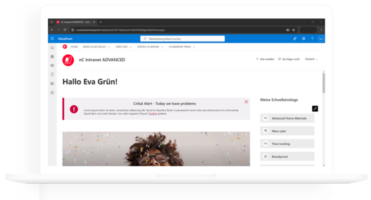 SharePoint Intranets - novaCapta Assets: Bespiel: Assets Favicon, Welcome, Alerts & Schnelleinstiege im ADVANCED Angebot