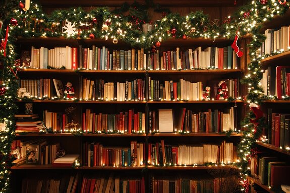 Bookshelf adorned with festive Christmas lights and decorations