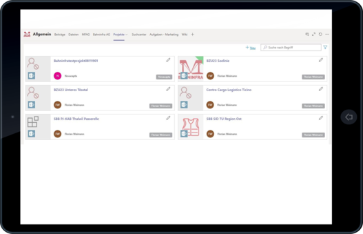 Projektübersichtsseite in Teams der Müller Frauenfeld AG geöffnet auf einem Tablet
