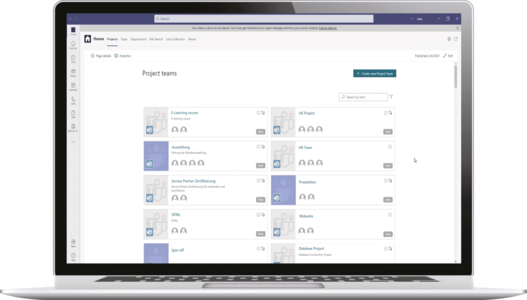 Bild von einem Laptop auf dem die Seite mit der Übersicht der Projekt-Teams in Microsoft Teams geöffnet ist