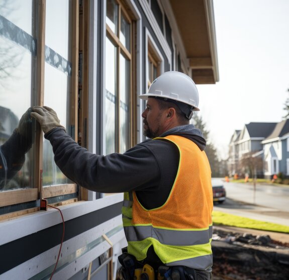 Middle aged male construction worker installing new windows to home