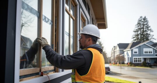 Middle aged male construction worker installing new windows to home