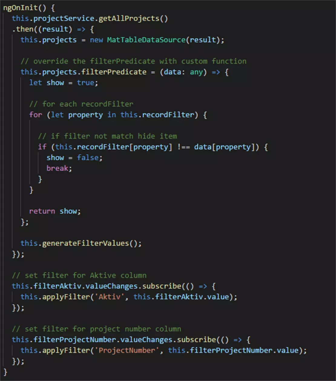  Screenshot Code ngOnInit-Methode MatTableDataSource mit Methode filterPredicate 