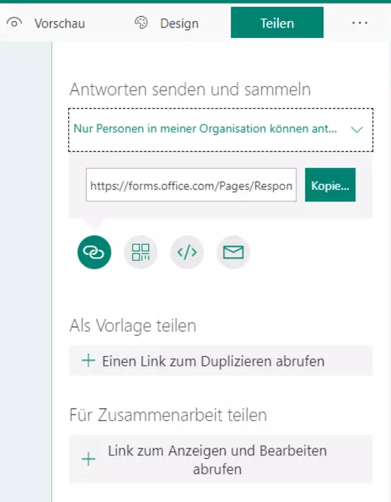 Screenshot der Funktion eine mit Mircosoft Forms erstellte Umfrage zu teilen zum Beispiel Link IFrame oder weitere 